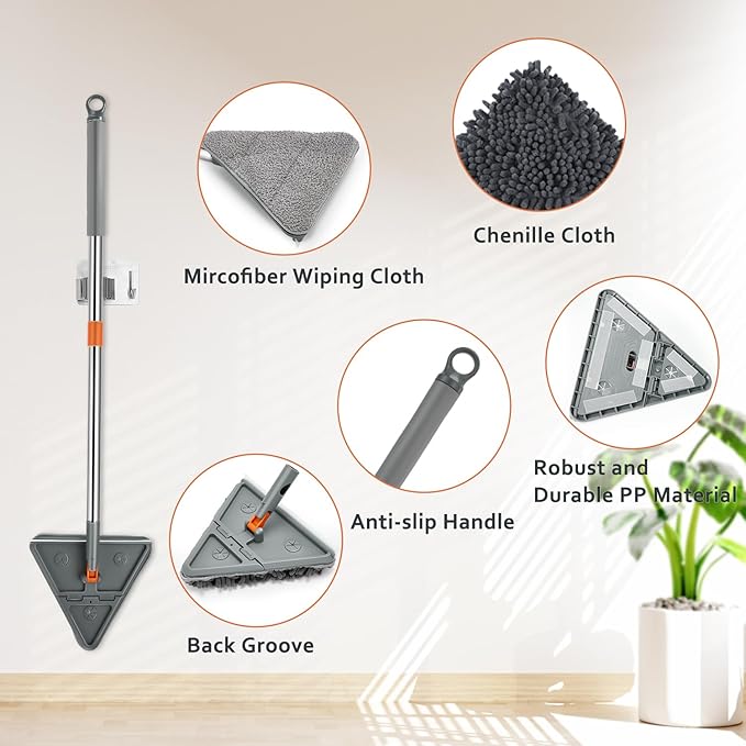 Base Board Cleaner Tool with Handle, 360 Rotating Wall Cleaner Mop, 180 Folding Ceiling Tool Duster with Squeegee for Cleaning Wall, Ceiling, Window, Floor, 8 Replacement Cleaning Pads