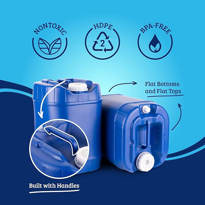 5-Gallon Stackable Water Storage Containers with Lids, Emergency Water Storage Kit Including Spigots, Wrench, and Water Preserver, 20 Gallons