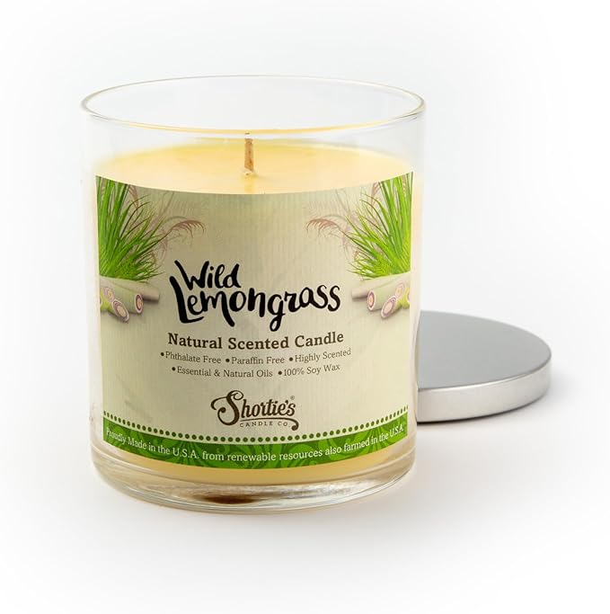 Wild Lemongrass Scented Natural Soy Candle, Essential Fragrance Oils, 100% Soy, Phthalate & Paraben Free, Clean Burning, 9 Oz.