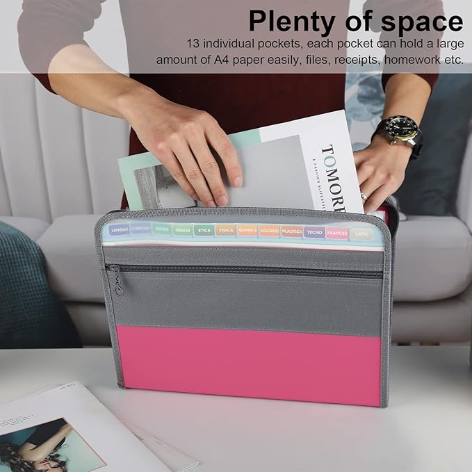 NAFY Expanding File Folder, 13 Pockets Document Organizer with Zipper, A4 Letter Size Portable Accordion Expanding File Folders with 27pcs Multicolor Labels for Home Office School Supplies (Pink)