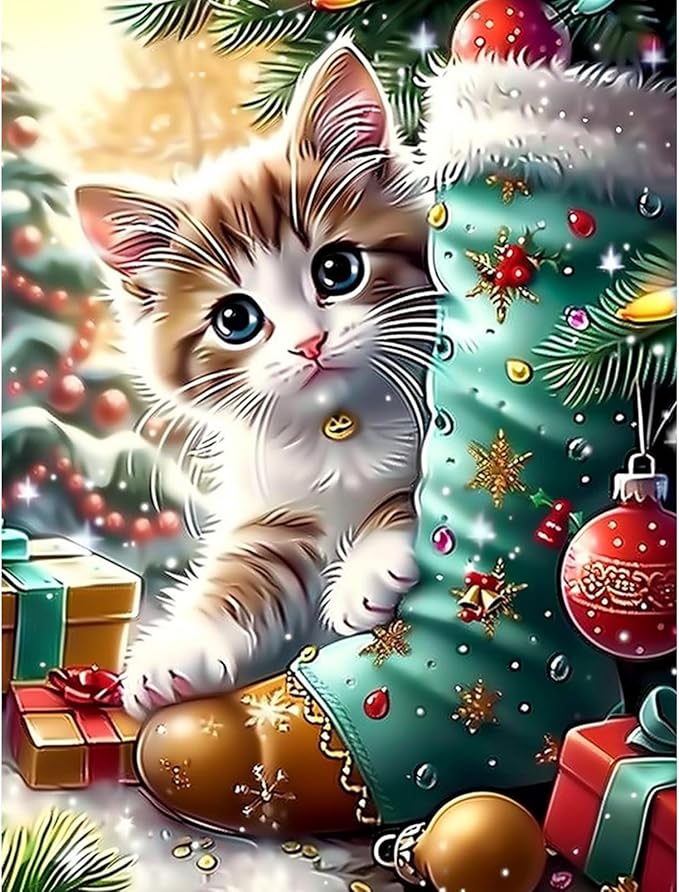 Skyboda Cat Diamond Art Kits for Adults Beginners, Christmas Stockings Diamond Painting Kits for Adults,5D Full Drill DIY Diamond Dot Gem Art Kit Wall Home Decor Arts Craft 12x16 inch