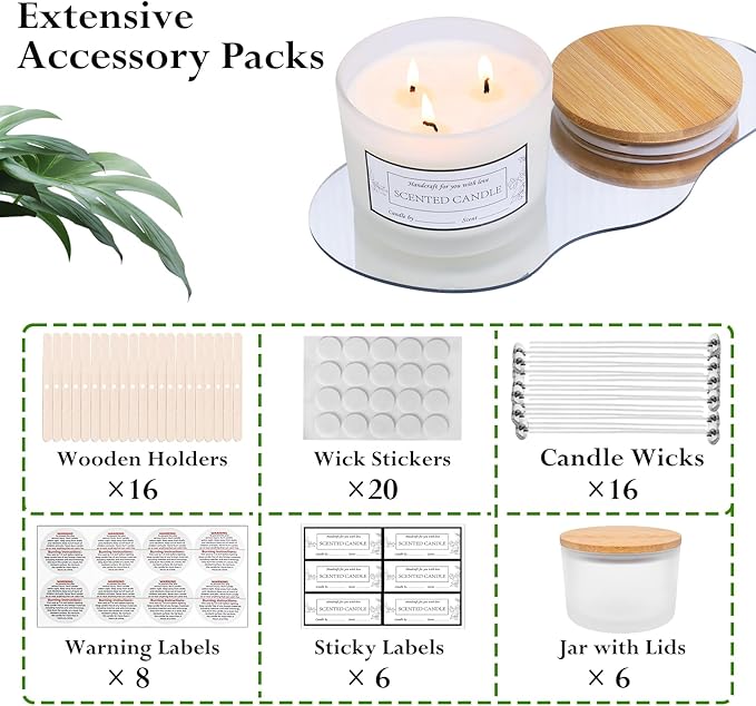 CONNOO 6-Pack 16 oz Candle Jars - 3-Wick Frosted Empty Glass Wide Mouth Candle Jars Come with Bamboo Lids, Sticky Warning Labels, and a Candle Wick Kit for Candle Making - Dishwasher Safe