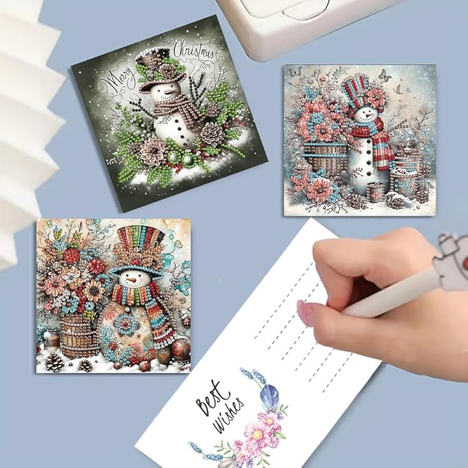 6PCS DIY Diamond Art Christmas Cards with Envelopes, Festive Holiday Greeting Cards Kit, Snowman Christmas Diamond Art Kits for Adults Kids Gifts
