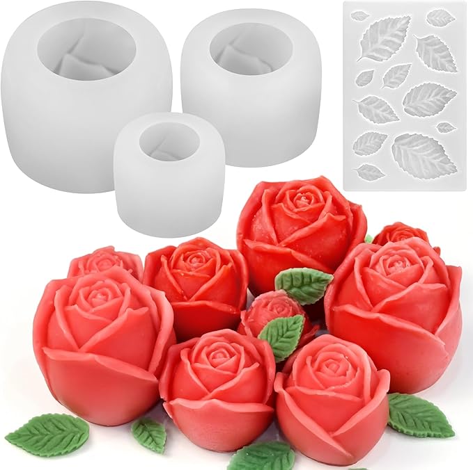4 Pack Rose Candle Molds with Leaf Mold, Set of Large + Medium + Small 3D Rose Flower Silicone Molds for Candles Making Epoxy Resin Casting Handmade Soap Clay Plaster Home Décor Mom Gift