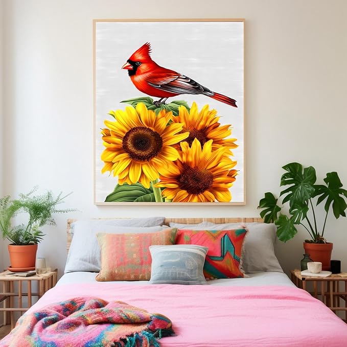 GUAIEUW Sunflower Red Bird Diamond Painting Kit for Adults, Full Round Diamond Cardinal Bird 5D Diamond Painting DIY Art Crafts for Winter Home Wall Decor Holiday Gift 20x24 Inch