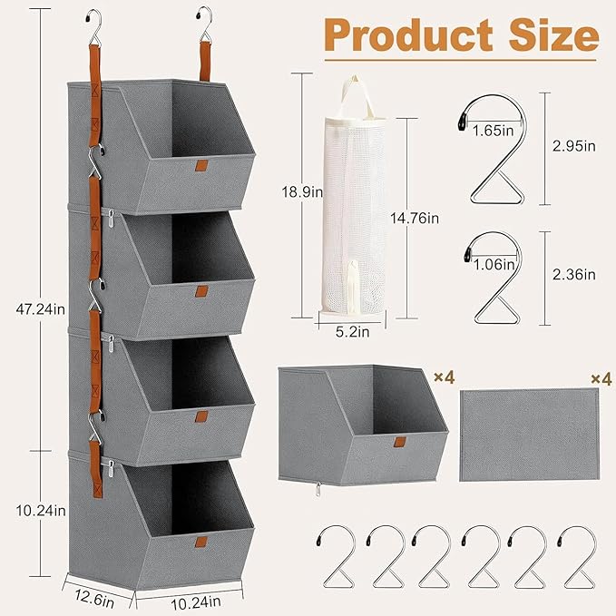 4 Tier Hanging Closet Organizer with Socks Storage Mesh Bag - Space Saving Storage Shelves for Closet, Wardrobe, Fabric Storage Bins for Dorm Rooms, Bedroom (Grey)