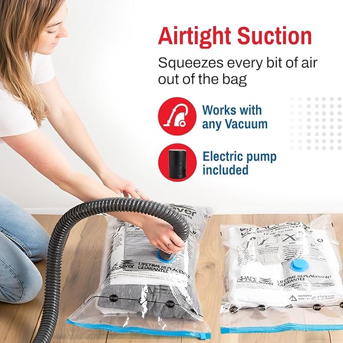 Premium Space Saver Vacuum Storage Bags - Space Saver Bags Jumbo 6 Pack - Save 80% More Storage Space - Reusable, Double Zip Seal & Leak Valve, Includes Travel Hand Pump