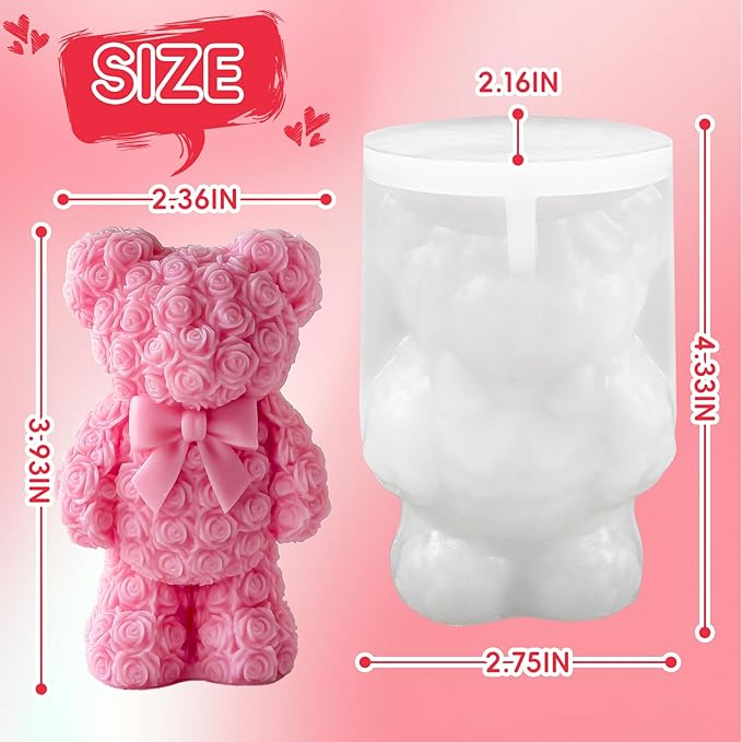 Standing Rose Bear Silicone Molds, Rose Teddy Bear Molds for Candles Making Handmade Soap Epoxy Resin Casting Home Decor Valentine/Mothers Day/Wedding/Anniversary/Birthday Gifts