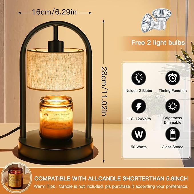 Candle Warmer Lamp with Timer, Dimmable Candle Lamp Warmer for Jar Candles, Wax Warmer with 2 Bulbs, Birthday Gifts for Women Mom, House Warming Gifts New Home Decor (Single-Bracket)