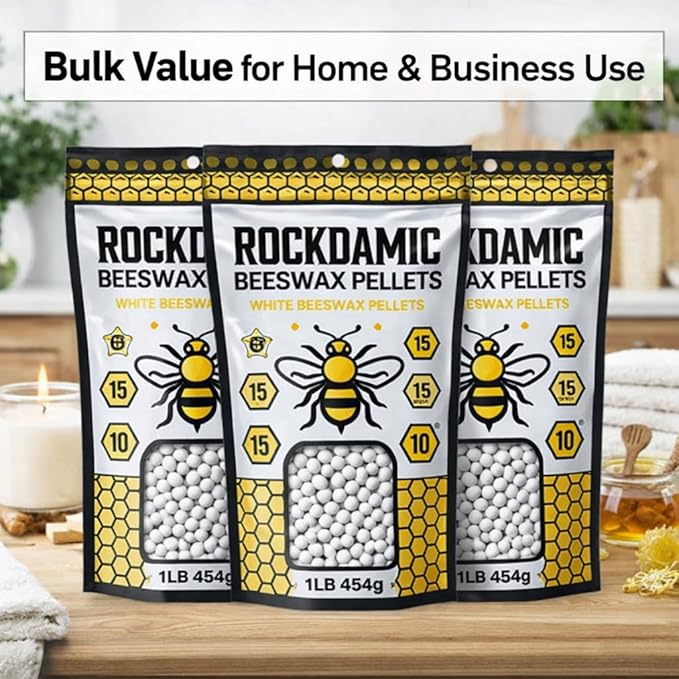 Rockdamic Natural White Beeswax Pellets 1lb - (454g) Organic Wax for Skin, Lip Balm, Lotion Making - Pure Pastilles, Unscented Beads for Candles, Salves, Soap, and Cosmetics - Bulk Melting Pellets