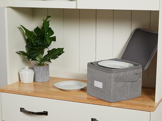 Covermates Dish Storage Box Set – China & Dinner Plate Storage Containers with Felt Dividers, Dual Zippers, Reinforced Handles, ID Window & Stackable Design, Grey Heather