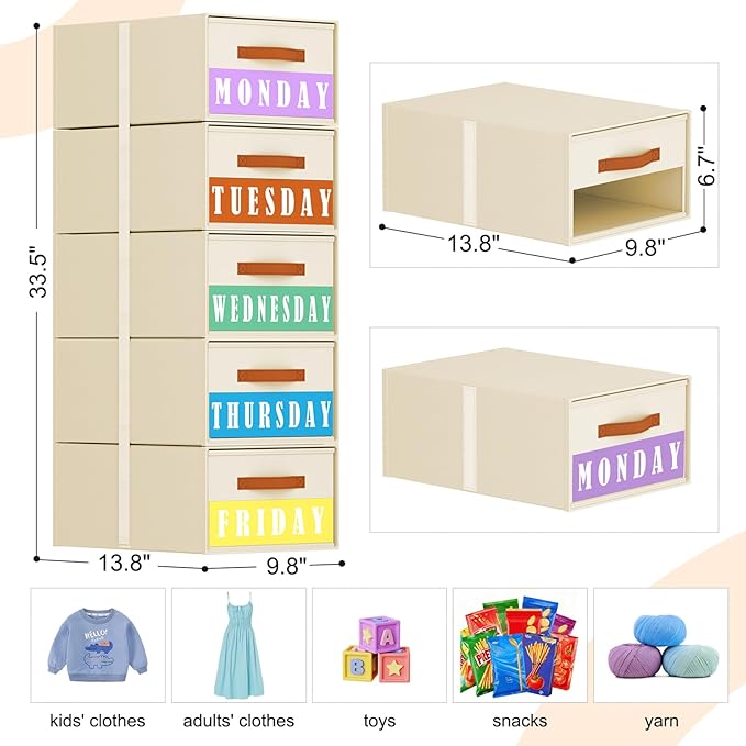 Stackable Storage Drawers - Pull Out Storage Bins with Drawers for Closet Clothes Organizers with Weekly Labels & Clear Window, Closet Shelf Storage for Bedroom, Living Room, 5 Pack, Beige
