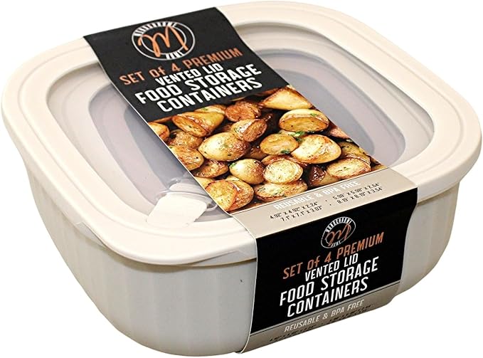 Set of 4 BPA-Free Square Food Storage Containers Vented Lids Assorted Sizes, Microwave & Freezer Safe Nesting Design for Leftovers Meal Prep Fridge Organization Dry Grains (Ivory)