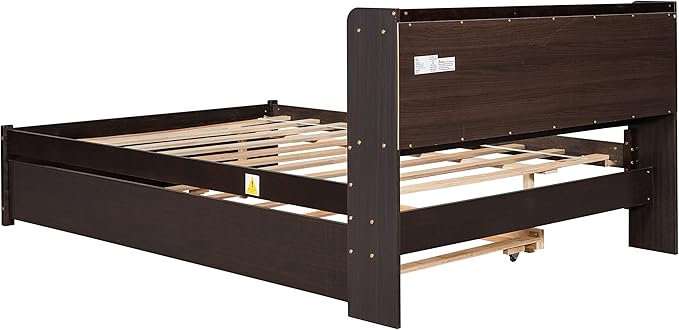 Harper & Bright Designs Full Size Bed Frame with Bookcase Headboard, Wooden Full Size Platform Bed with Trundle and Storage for Kids Girls Boys, No Box Spring Needed, Easy Assembly, Espresso