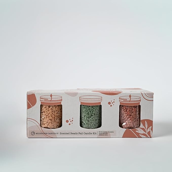 Milkhouse Company Candle Fall DIY Candle Kit - Apple Strudel | Brown Butter Pumpkin | Caramel Corn Scented Wax Beads - 3 Bags of Scented Beads & 3 Wicked Jars with Lids, Made in the USA