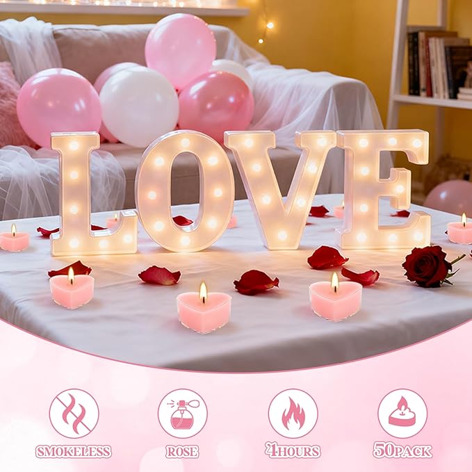 Valentine's Gift 50 PCS Heart Shaped Tea Light Candles, Rose Scented 4-Hour Burn Smokeless Tealights for Valentine's Day, Wedding Anniversary, Proposal&Romantic Decorations.