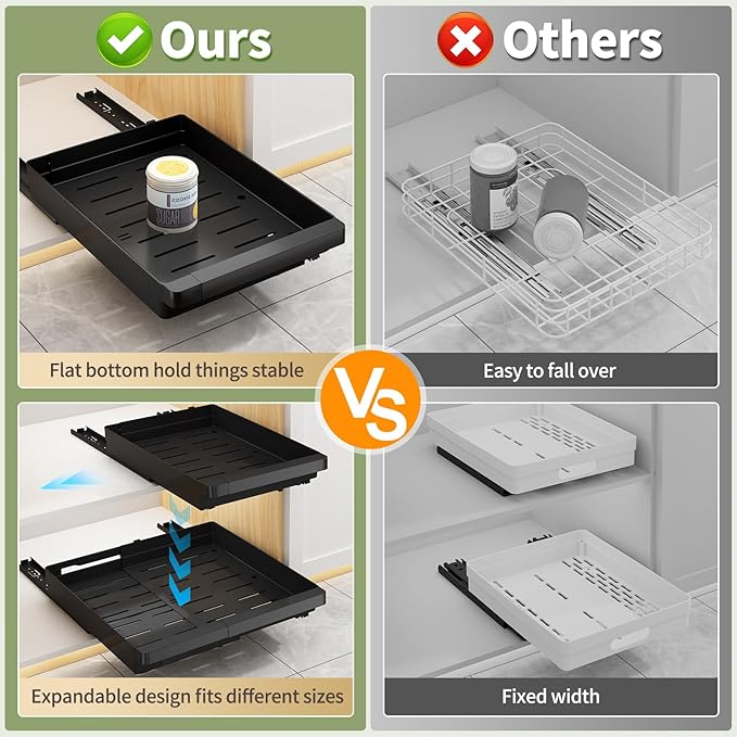 2 Pack Pull Out Cabinet Organizers Expandable (13''-19''), Plastic Slide Out Drawers for Kitchen, Bathroom, Pantry, Under Sink Storage, Pull Out Drawers Fixed with Adhesive Nano Film (Black)