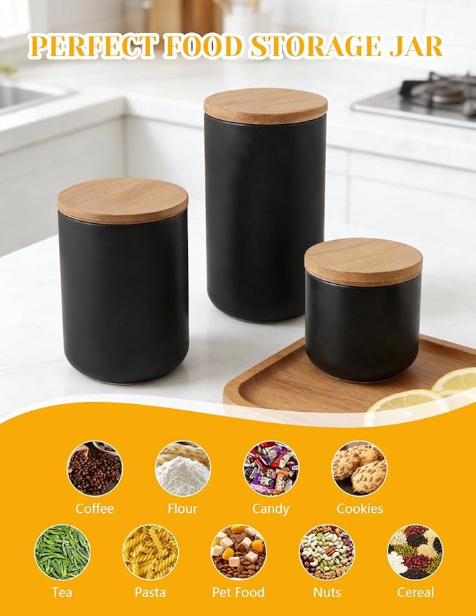 YYW Ceramics Food Storage Jar Canister with Airtight Seal Bamboo Lid, Simple Style Kitchen Canister for Food Storage, Store Coffee, Sugar, Tea, Spices (Black (8.79oz/260ml))