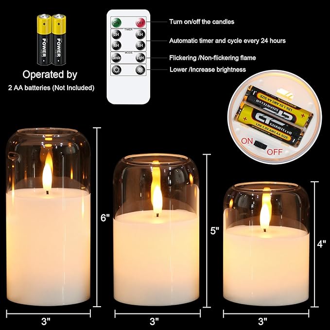 Glass Flameless Candles with Remote, Set of 3 Battery Operated Candles Flickering with Real Wax and 3D Wick, LED Pillar Candle for Home Halloween Christmas Decor(Clear, D3”xH4”5”6”)