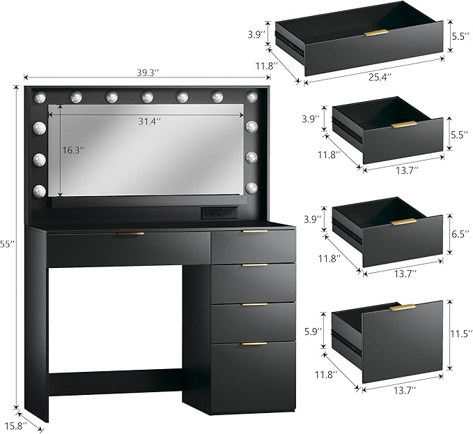Makeup Vanity Desk with Mirror and Lights, 39.3in Vanity Desk with LED Lights, 3 Color Modes, Built-in Power Outlet, Vanity Desk with Large Storage & 5 Drawers for Bedroom and Dressing Room, Black