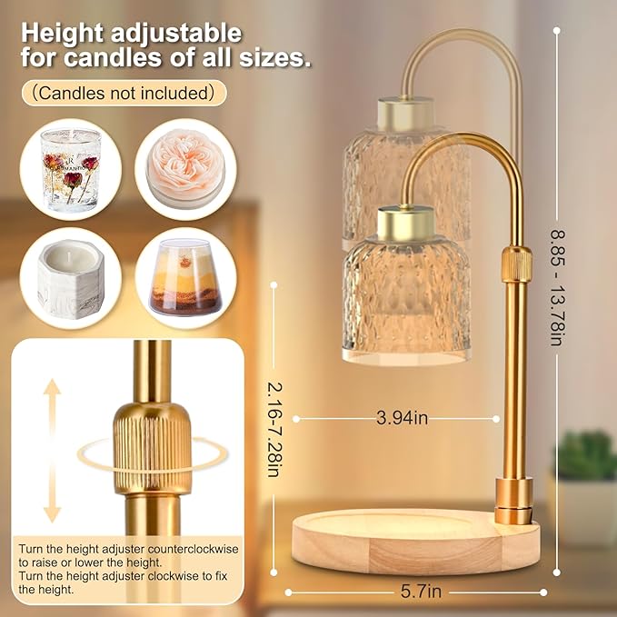 Candle Warmer Lamp with Timer & Dimmer, Adjustable Height Electric Candle Warmer with 3 Bulbs,Compatible with All Size Scented Candles, Wax Melt Warmer for Bedroom,Home Decor House Warming Gifts