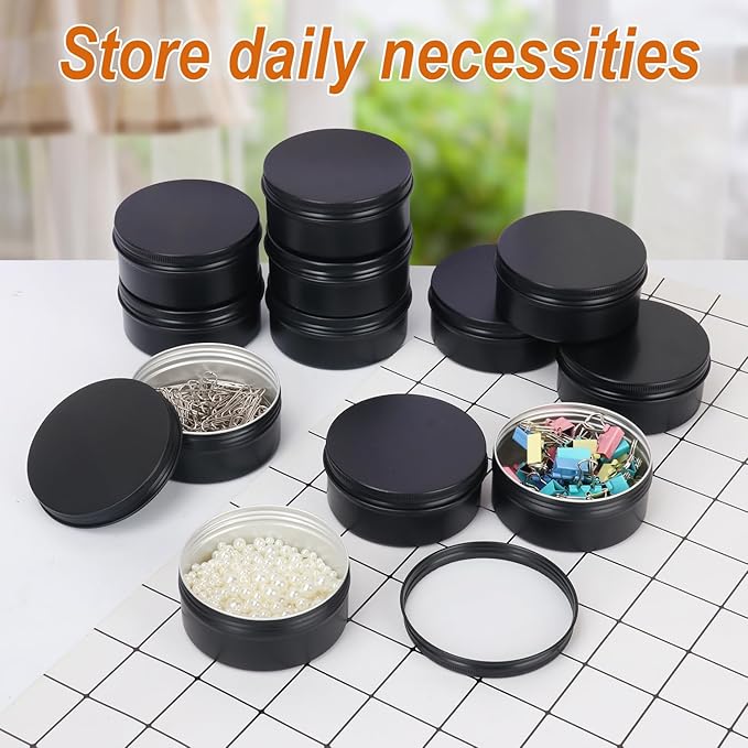 48 Pack 4 oz Black Aluminum Round Tins with Screw Lid, Multipurpose Storage for Candles, Creams, DIY Ointments, Buttons