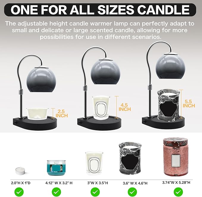 Candle Warmer Lamp with Timer 2H/4H/8H, Adjustable Height Dimmable Candle Lamp with 2 Bulbs, Wax Melt Warmer for Jar Candles, House Warming, Home Decor, Christmas Gifts for Women, Mom(Black)