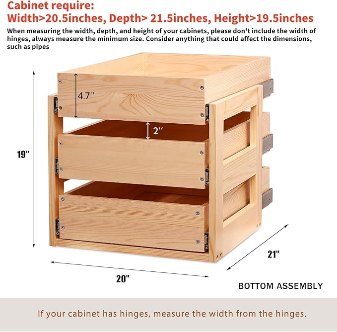 Mulush Pull Out Drawers For Cabinets, 20''W×21''D×19''H Soft Close Slide Out Wood Shelves Storage Organizer for Kitchen, 3-Tier, Finished, Heavy-Duty, Bottom Assembly