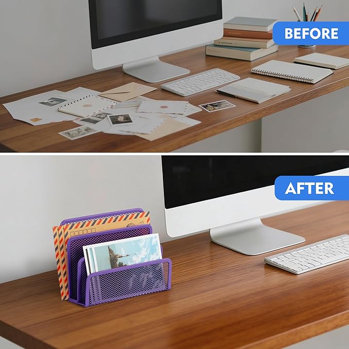 EASEPRES Desk Mail Organizer, Office Small Desktop Metal Mesh Envelope Letter Sorter Paper File Holder Organizer with 3 Vertical Upright Compartments, Purple 1 Pack