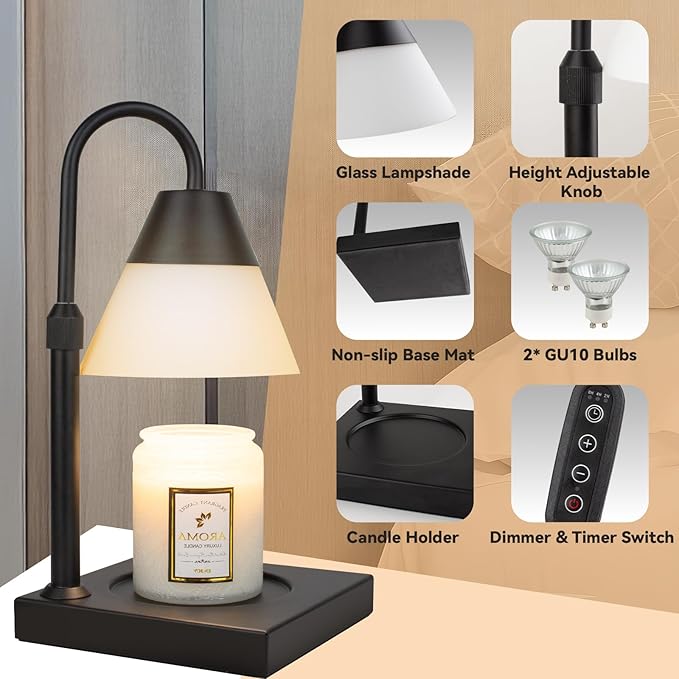 LALISU Candle Warmer Lamp, Dimmable Metal Candle Lamp Warmer Height Adjustable, Compatible with Candle and 3 Wick Large Jars Scented Wax for Home Decor (Glass-Black)