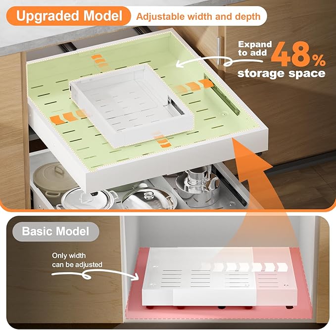 Pull out Cabinet Organizer Expandable W(12"-20") and D(16"-22"), No Drill Adjustable Slide Out Drawers With 3 Slide Rails, 2Pcs Magnetic Panel, Adhesive Roll out Shelves for Kitchen, Cabinets, Pantry