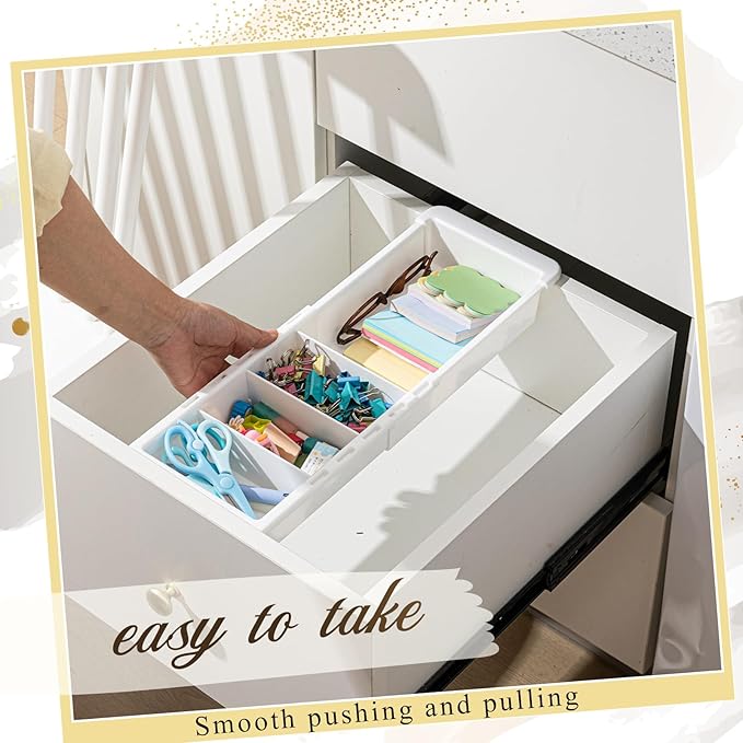 3 Pcs Expandable Drawer Organizer Bins Adjustable Deep Drawer Hanging Organizer Tray Expandable 11.4 to 18.1 Inches Plastic Dividers Storage for Office Bathroom Bedroom Kitchen Desk, White