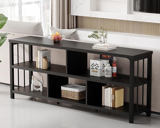 IBF 63” Black Bookshelf, Industrial Long Open Horizontal Cube Book Shelf, Low Wide Home 5 Cube Storage Organizer Shelf for Bedroom, Wood and Metal Cubby Bookcase for Living Room, Black Oak, 63 Inch
