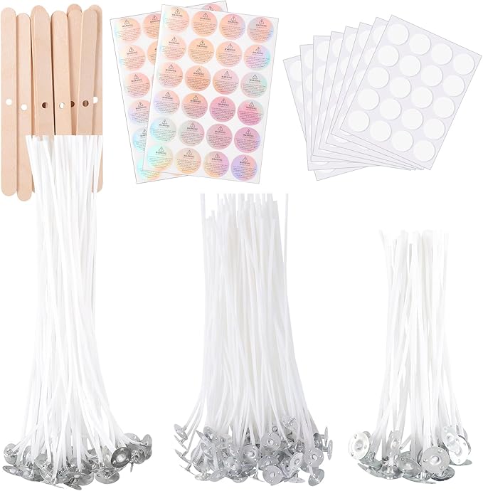 Candle Wicks for Candle Making 150Pcs with 160Pcs Wick Stickers and 12Pcs Candle Wick Holders 48Pcs Warning Labels for DIY Candle Making ((4"+6"+8")