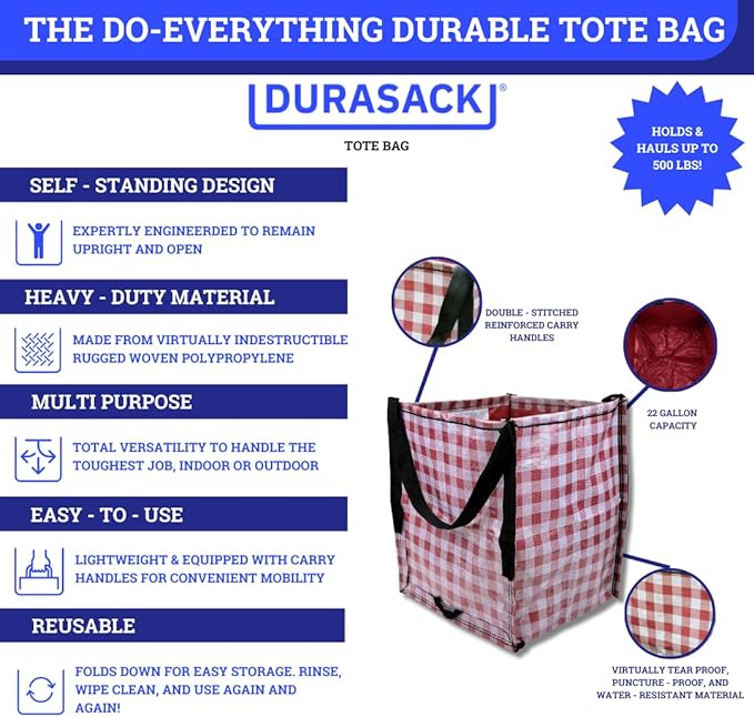 DURASACK Heavy Duty Storage Tote Bag 22-Gallon Rugged Woven Polypropylene Moving Bag, Reusable Self-Standing Design, Holds up to 500 Pounds, Single, Gingham Red