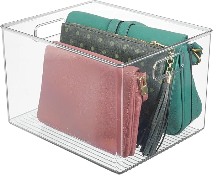 mDesign Large Plastic Storage Organizer Container Bin, Closet Organization for Hallway, Bedroom, Linen, Coat, and Entryway - Holds Clothing, Blankets, and Accessories, Ligne Collection, Clear