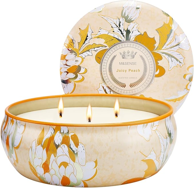 M&SENSE Peach Scented Candles 12oz 40 Hour Long Lasting, 3 Wick Soy Candles for Home Scented, Travel Tin Natural Highly Scented Candle Gift for Women Men