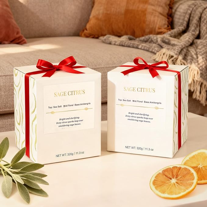 2 Pack Candles for Home Scented,Wood Wick Sage Citrus Scented Candle,22.6 oz 150 Hour Long Burning Lasting, Natural Soy Wax Candles Gifts Set,for Holiday Day