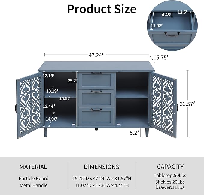 Blue 2 Doors 3 Drawers Buffet Sideboard Cabinet - Accent Cabinet with Adjustable Shelves，47 Inch Wide Wood Storage Cabinets for Dining Room,Living Room and Kitchen