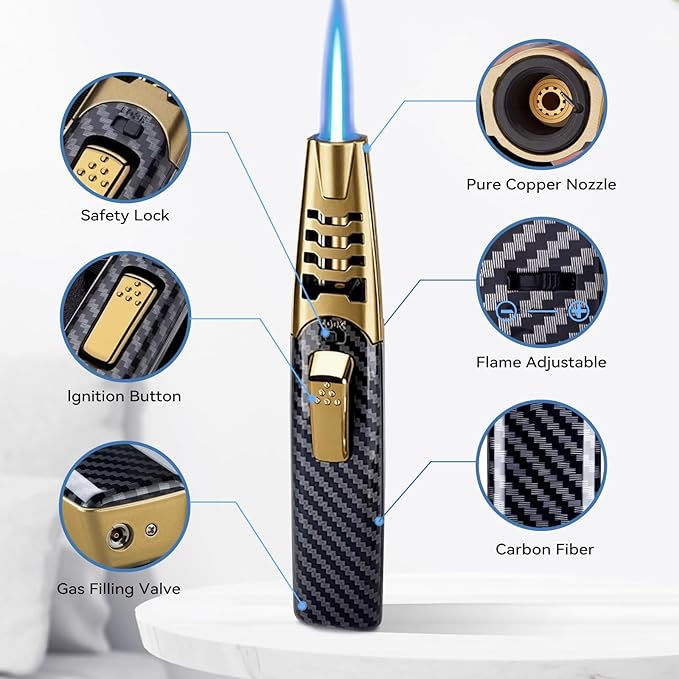 Torch Lighter, Butane Lighter, Adjustable Big Jet Flame Butane Torch, Windproof Refillable Gas Long Torch Lighter with Safety Lock for Candle Grill Camping BBQ Kitchen Soldering, Gas Not Included