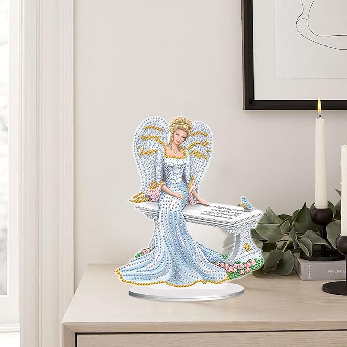 antor DIY Diamond Art Painting Desktop Ornament Kit, Acrylic Tabletop Diamond Art Decoration, Special Shape Crystal Diamond Painting Ornaments for Adult Beginner, Angel Figurine Sitting on Bench