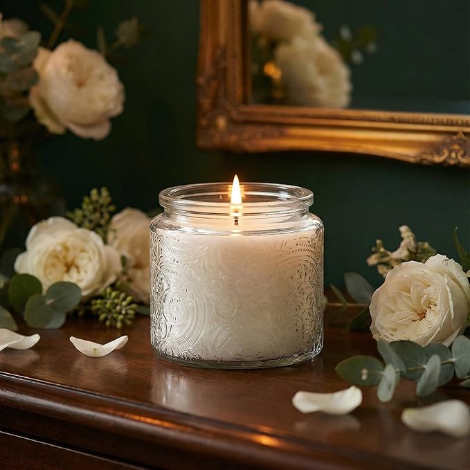 9-Pack 10 oz Sun Moon Star Embossed Glass Candle Jars with Mirror Lids and Labels - Unique Clear Candle Containers with Lids for Candle Making