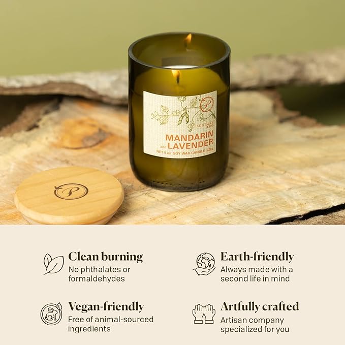 Paddywax Eco Collection Scented Soy Wax Candle in Glass Jar, Mandarin & Lavender Fragrance, Green Vessel with Wood Lid, 8 oz