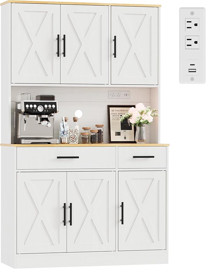 Vongrasig Farmhouse Pantry Cabinet with Charging Station, Tall Kitchen Pantry with Microwave Stand, Storage Drawers & Shelves, Large Kitchen Hutch for Living Room, Dining Room, White