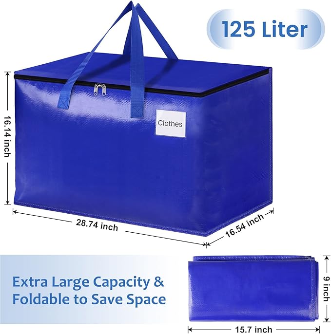 Moving Bags, Storage Bags with Sturdy Handles and Heavy Duty Zippers, Storage Totes for Space Saving, Moving & Storage, Collapsible Moving Supplies(125L, 10-Pack, Blue)