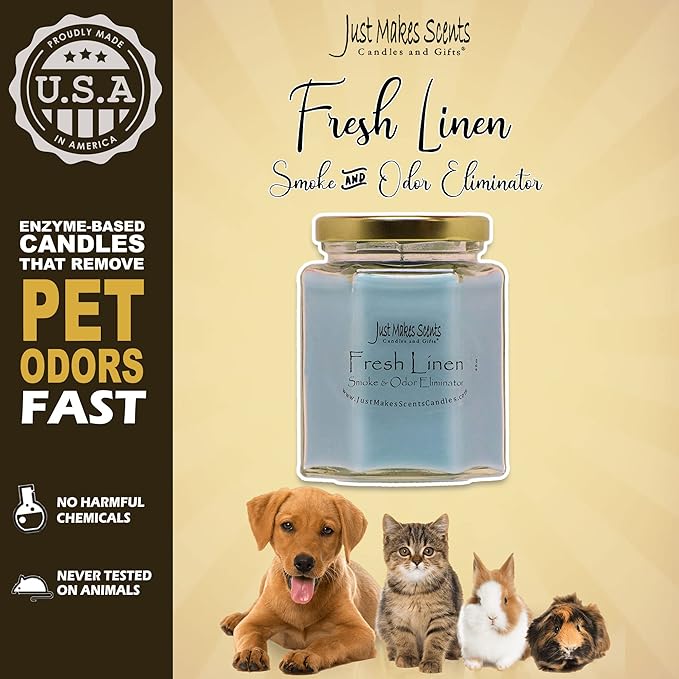 3 Pack - Fresh Linen Scented Smoke and Odor Eliminator Candle - Odor Eliminating Scented Candles for Home - Neutralizes Cigarette, Food, and Pet Smells - Hand Poured in The USA