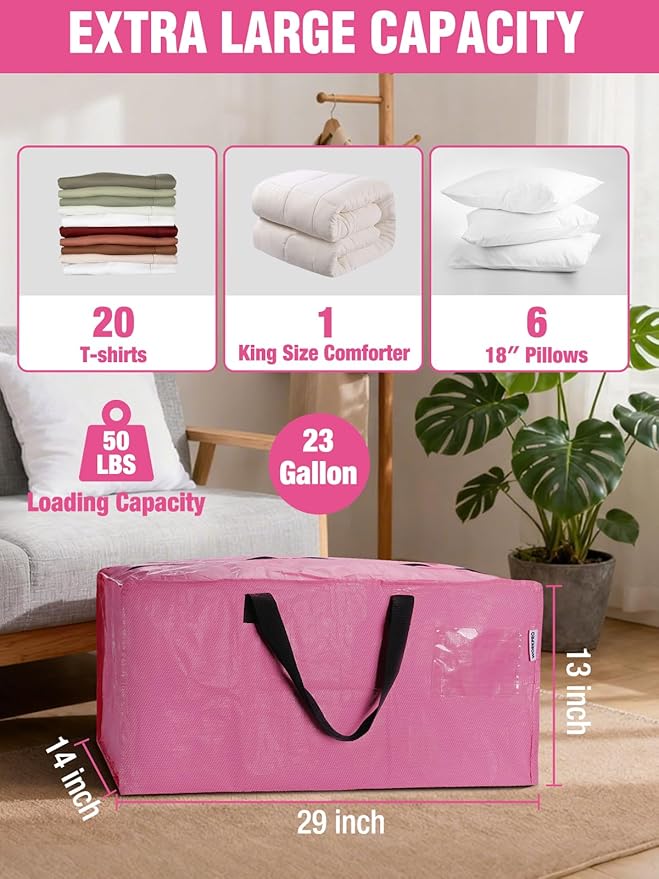 WORKPRO 1 Pack Extra Large Moving Bags with Zippers & Carrying Handles Backpack Straps, Heavy-Duty Storage Tote for Space Saving Moving Storage (Pink)