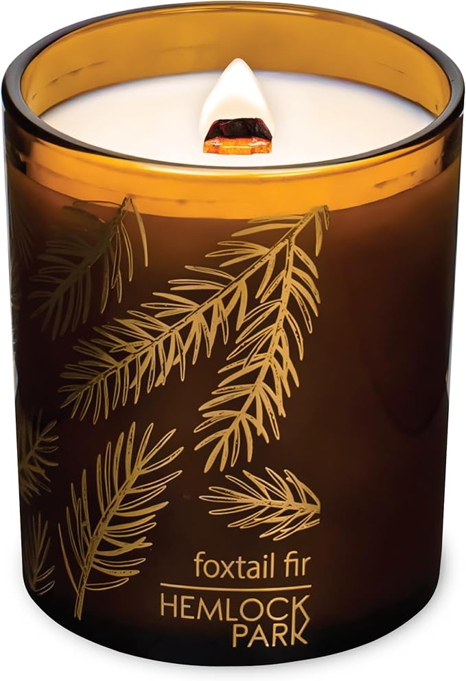 Hemlock Park Amber Gold Leaf Glass Wood Wick Candle Handcrafted with Natural Coconut Wax (Standard 7.2 oz, Foxtail Fir)