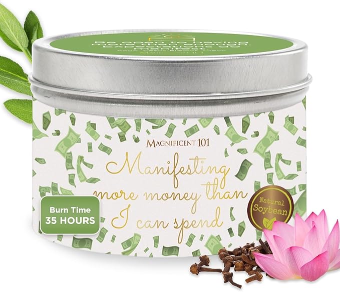 MAGNIFICENT 101 Manifest Money Candle - 6 Oz White Soy Wax Tin - 30-Hour Burn - Herbal & Clove Scented - Abundance & Intention Candle