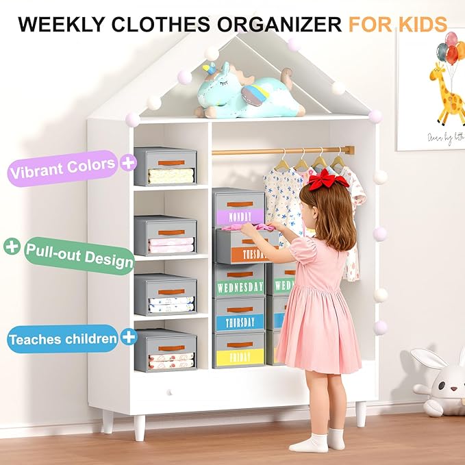 Stackable Storage Drawers - Pull Out Storage Bins with Drawers for Closet Clothes Organizers with Weekly Labels & Clear Window, Closet Shelf Storage for Bedroom, Living Room, 5 Pack, Grey